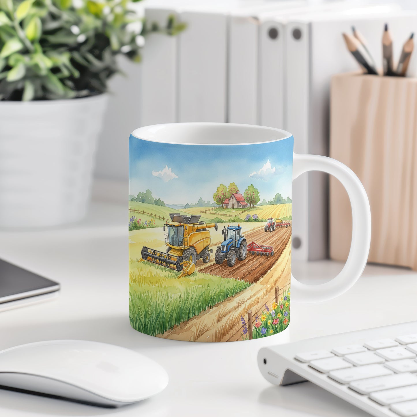 Hrnek s akvarelovým kombajnem a traktorem