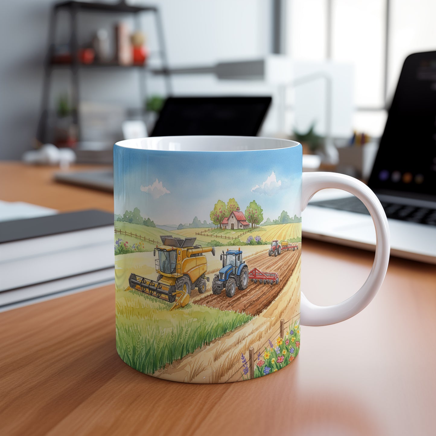 Hrnek s akvarelovým kombajnem a traktorem