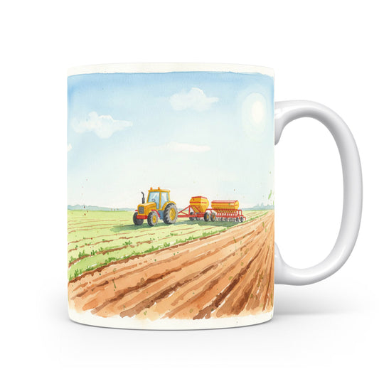 Hrnek s traktorem na poli