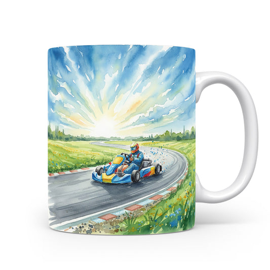 Hrnek s motokárou na dráze v západu slunce