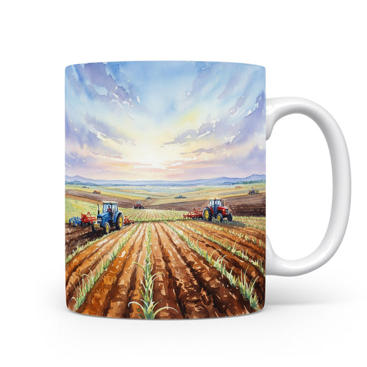 Traktory na poli v akvarelovém stylu na hrnku