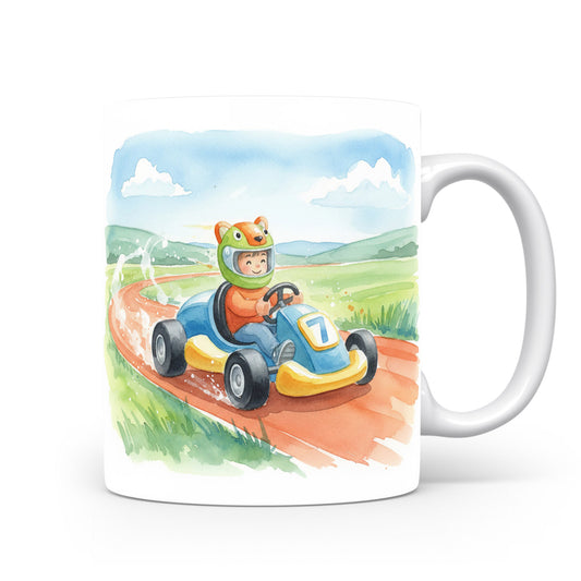 Hrnek s akvarelovou motokárou na dráze