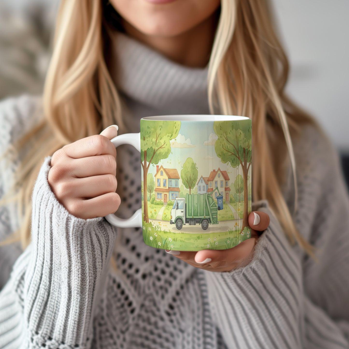 Hrnek s popelářským vozem ve městě