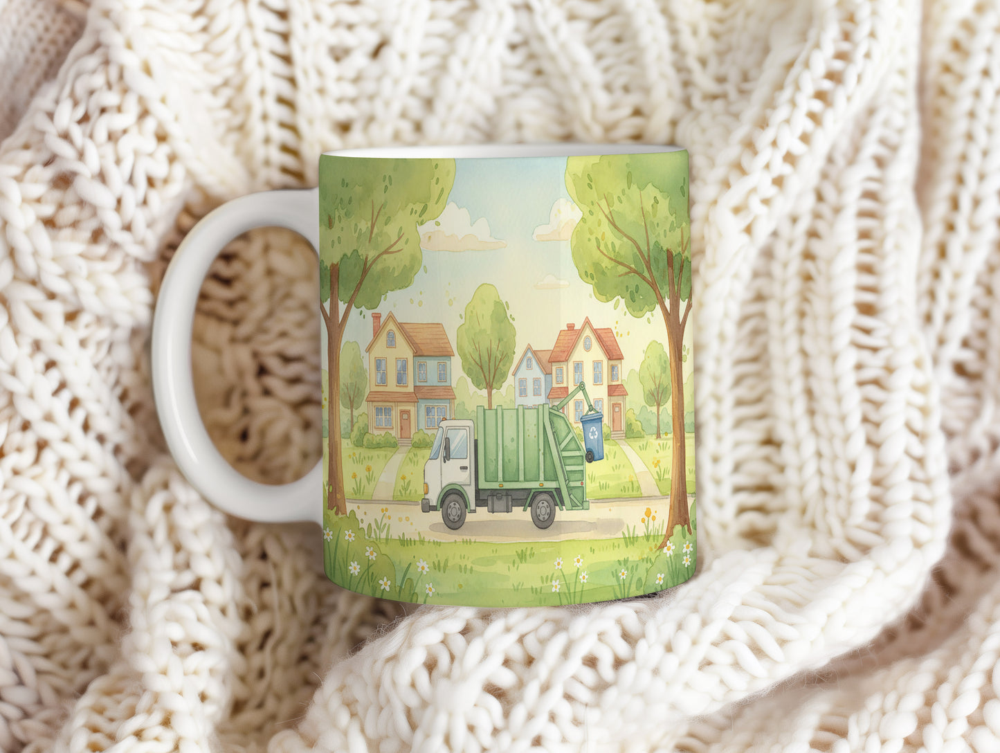 Hrnek s popelářským vozem ve městě