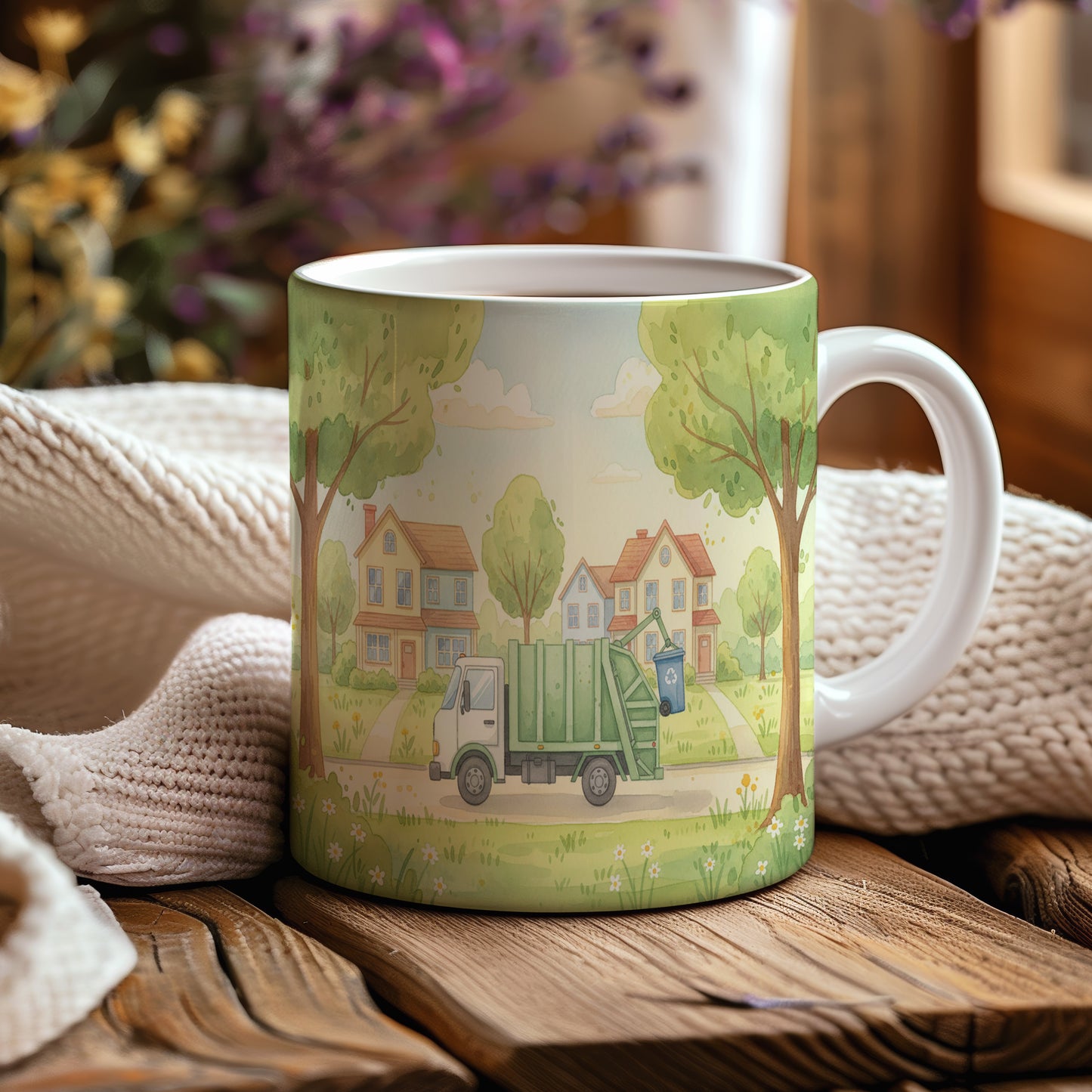 Hrnek s popelářským vozem ve městě