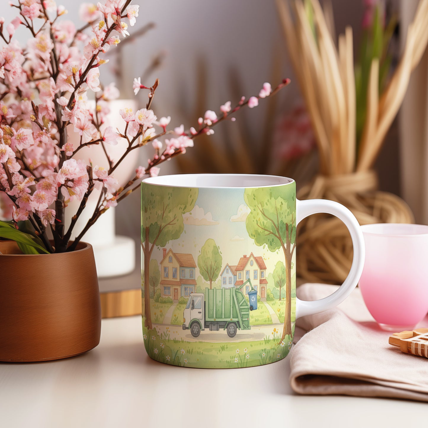 Hrnek s popelářským vozem ve městě