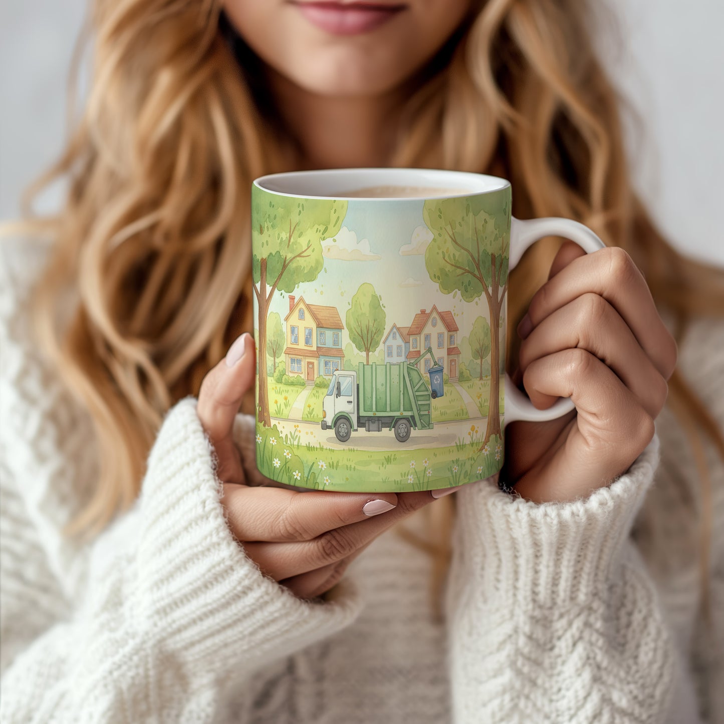 Hrnek s popelářským vozem ve městě