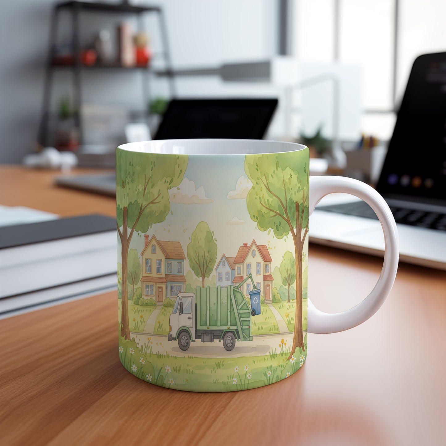 Hrnek s popelářským vozem ve městě