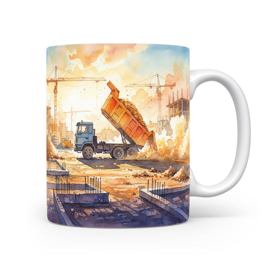 Hrnek s akvarelovým náklaďákem na staveništi