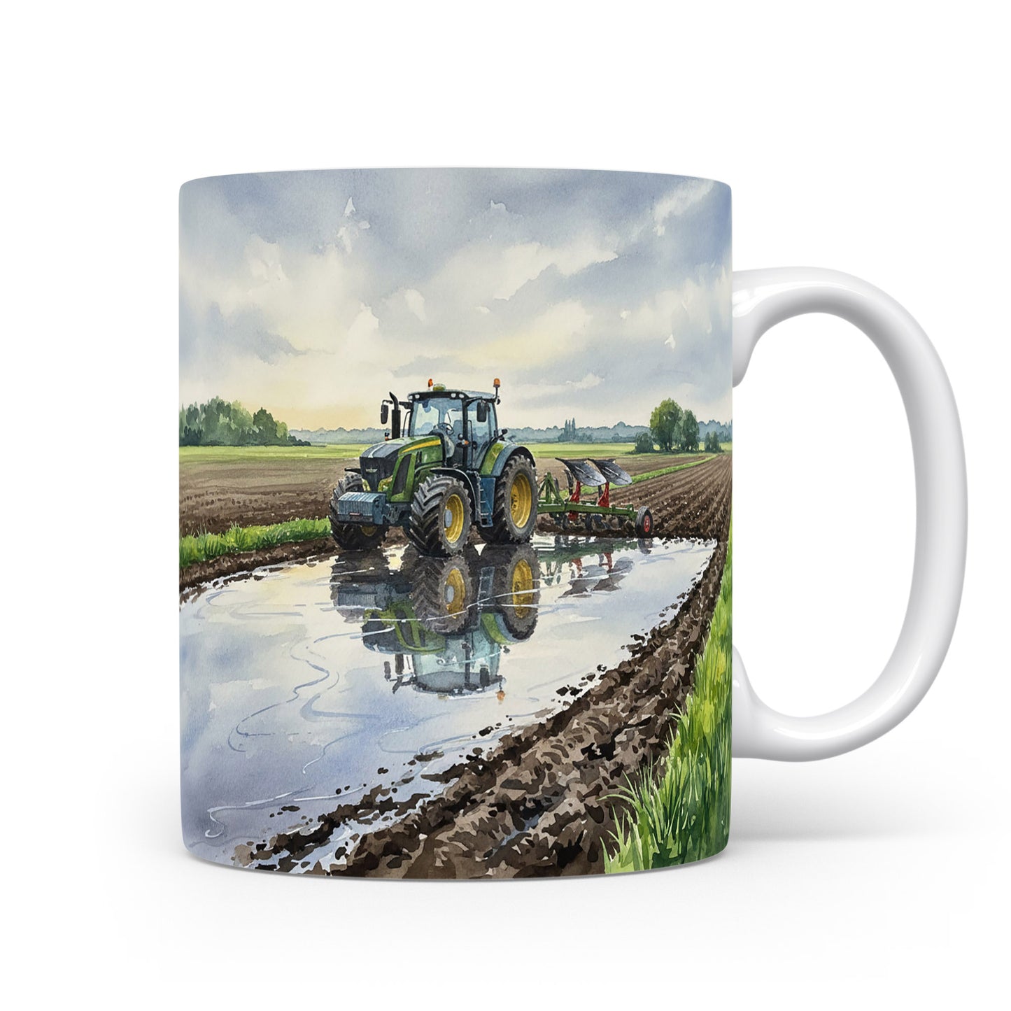 Traktor v zrcadlení louže na poli