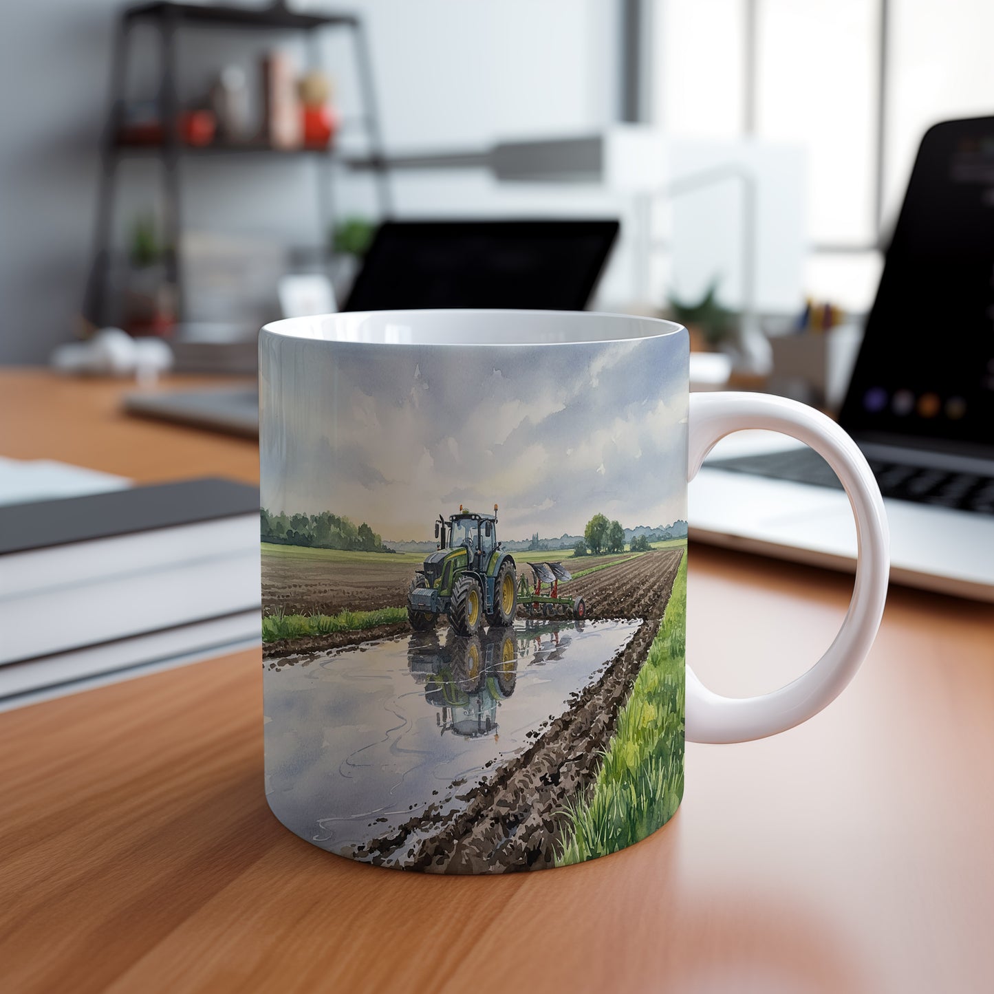 Hrnek s traktorem v zrcadlení louže