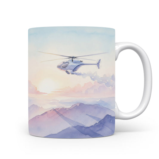 Hrnek s akvarelovým vrtulníkem nad horami
