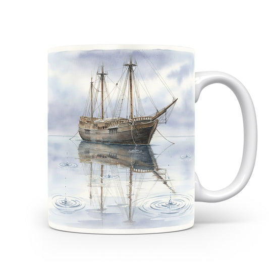 Hrnek s akvarelovou plachetnicí na moři