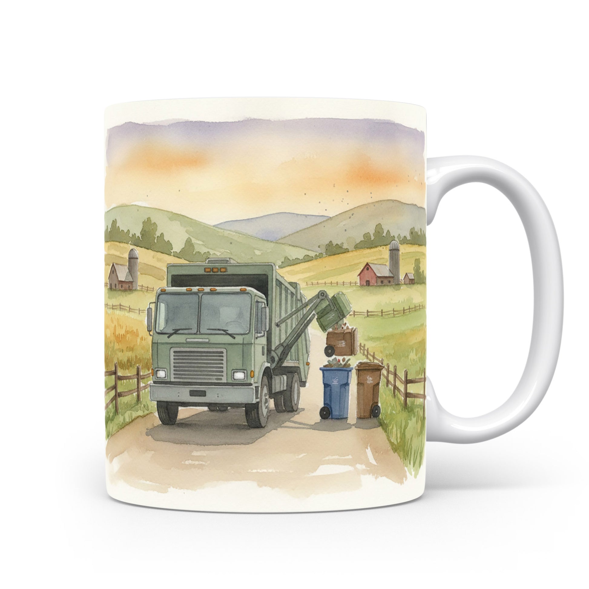 Akvarelový popelářský vůz na venkově