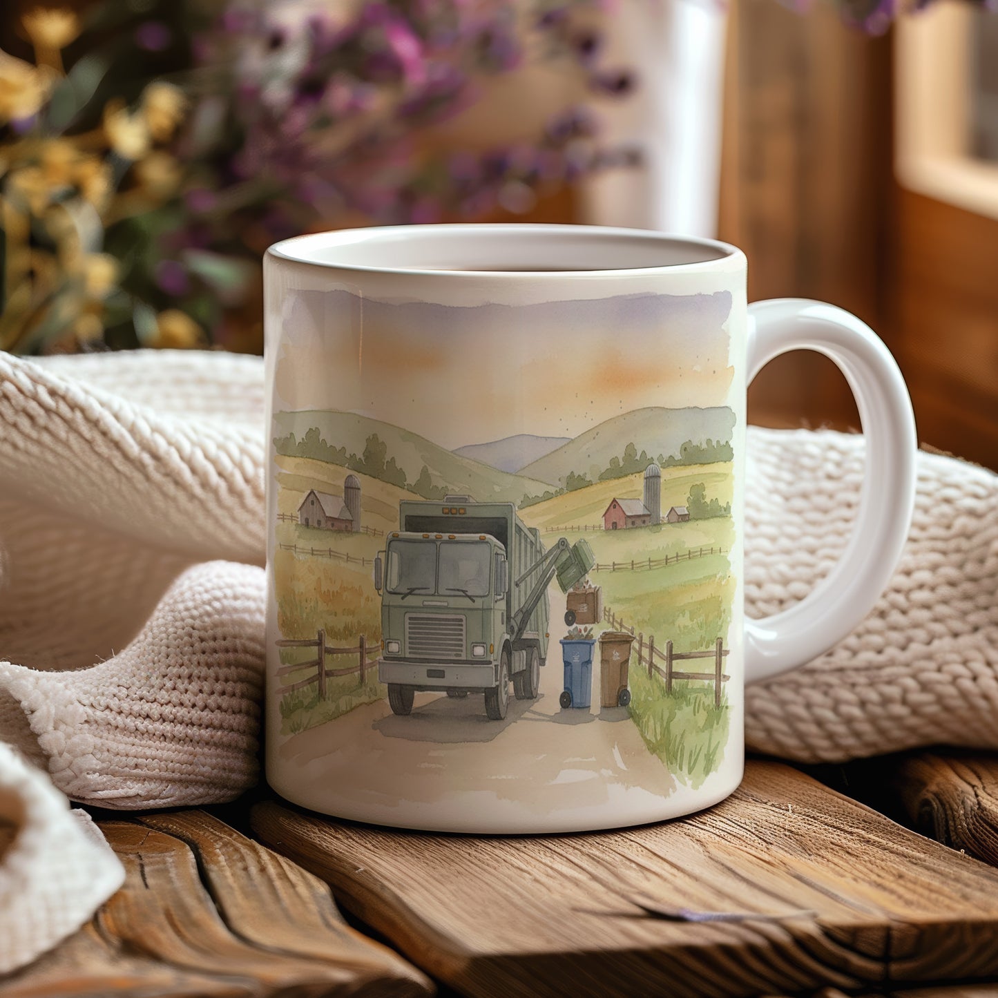 Hrnek s popelářským vozem na venkově