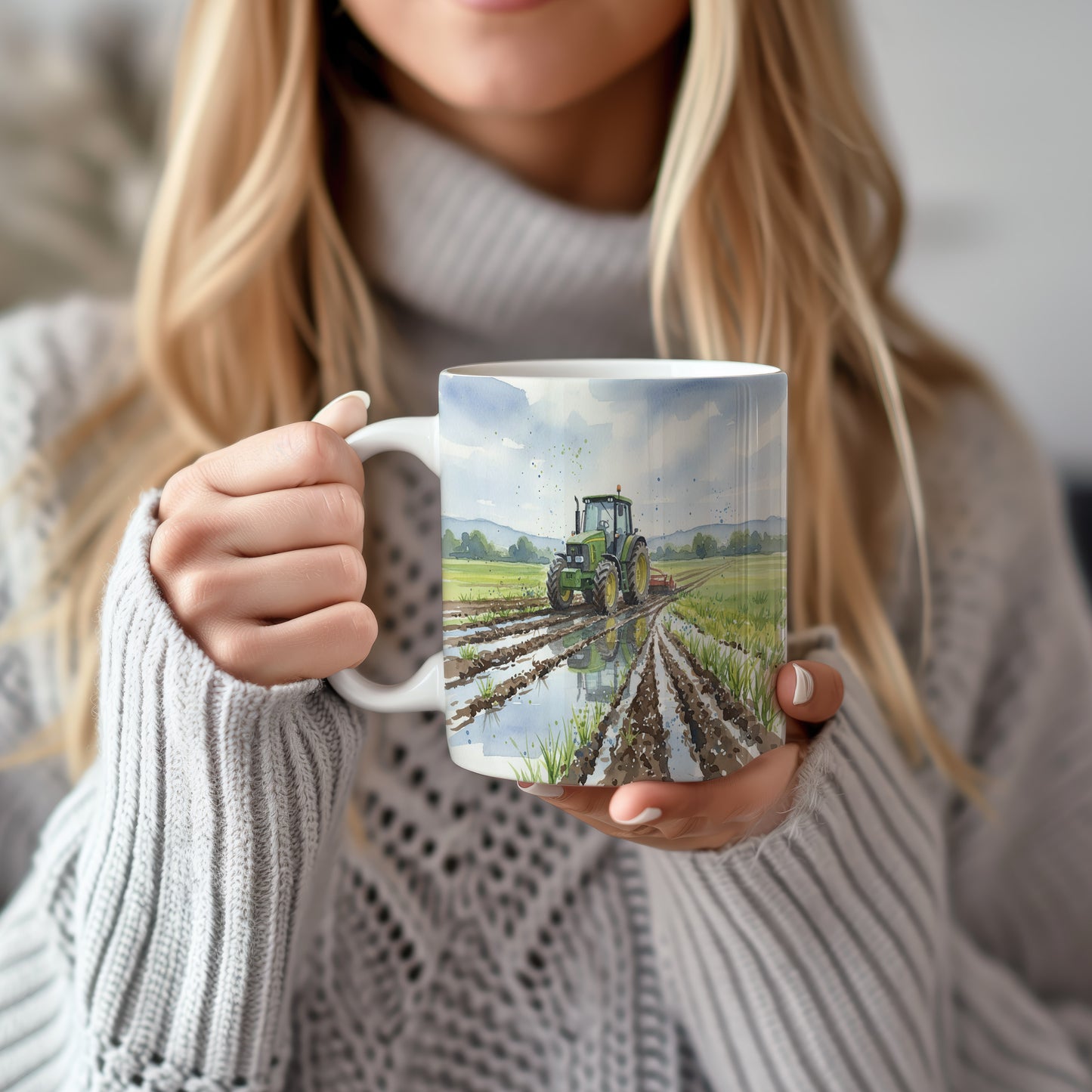 Hrnek s akvarelovým traktorem v přírodě