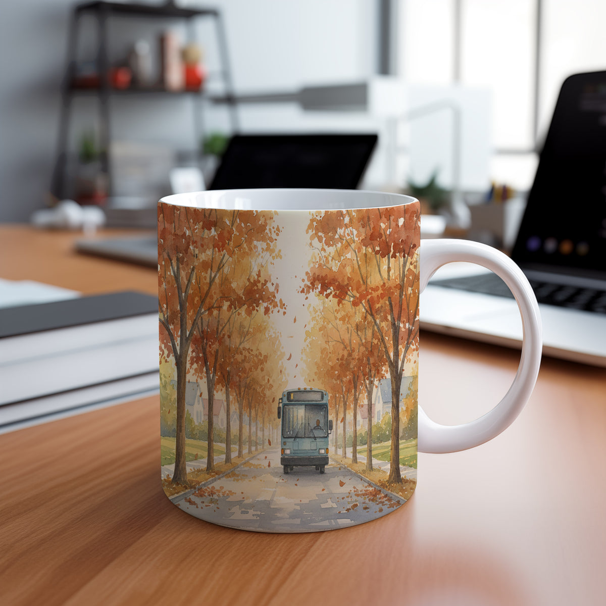 Hrnek s autobusem v podzimní aleji