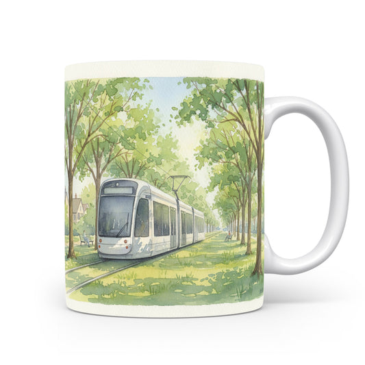 Akvarelová tramvaj v zelené aleji