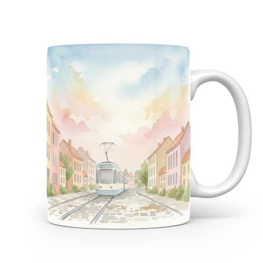 Akvarelový motiv tramvaje v uličce