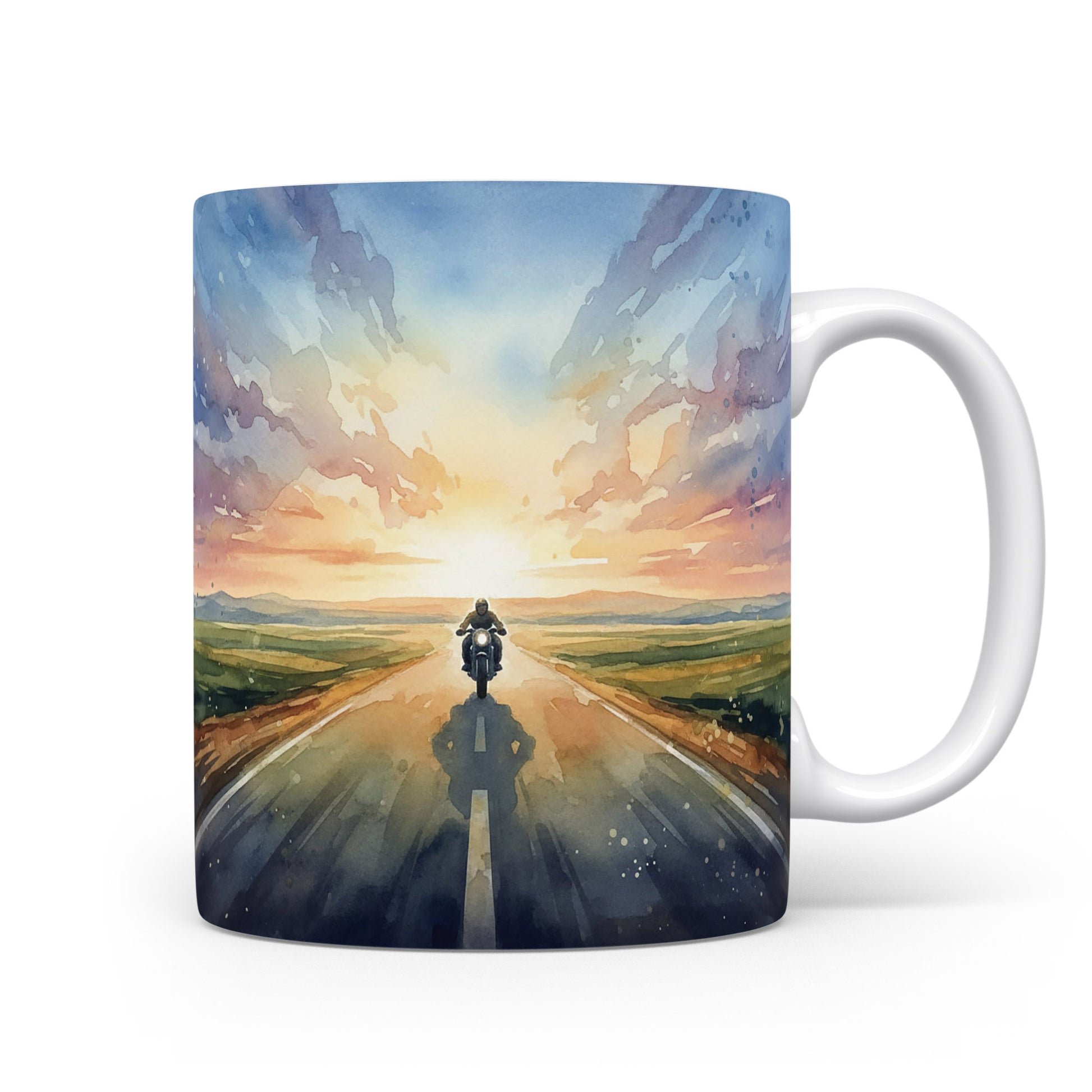 Hrnek s akvarelem motocyklu v západu slunce