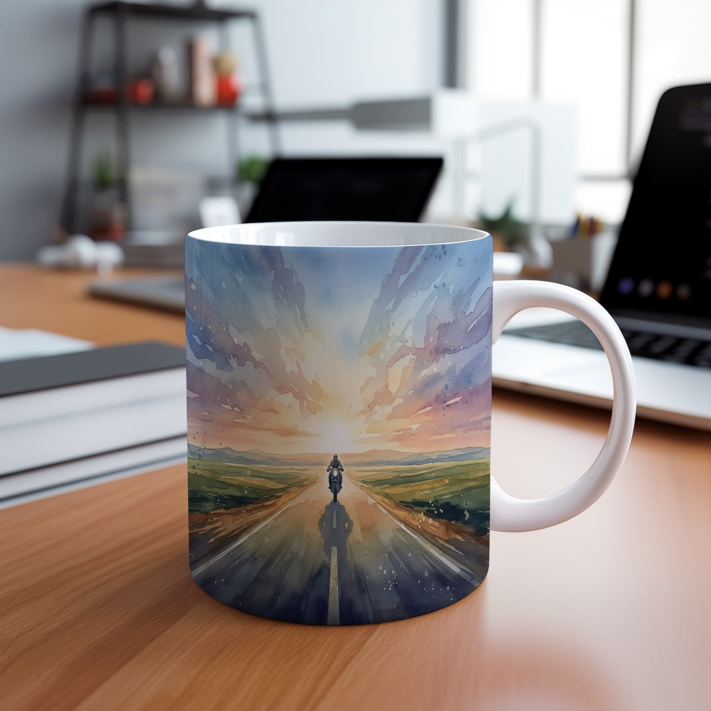 Hrnek s motocyklem v západu slunce