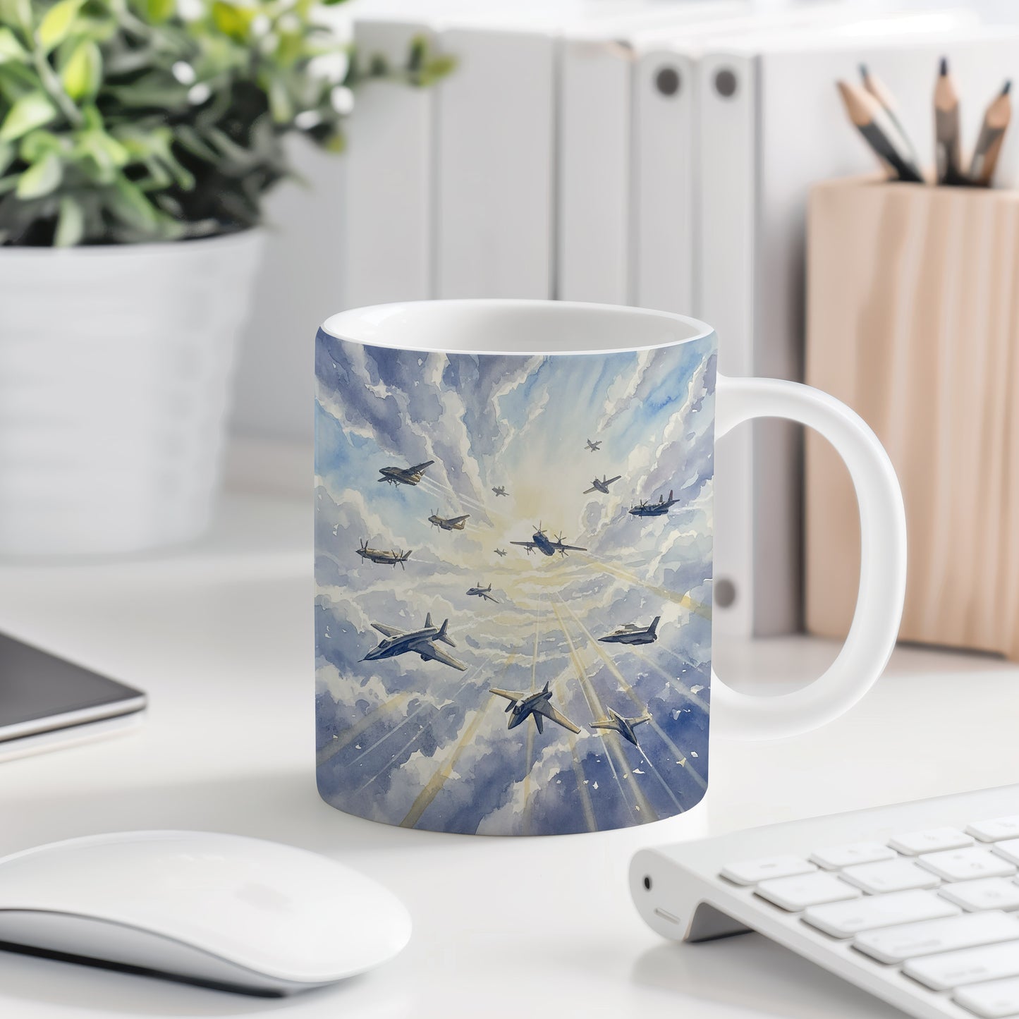 Hrnek s leteckou flotilou v nebesích