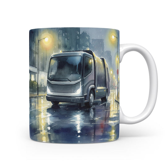 Hrnek s popelářským vozem v nočním městě