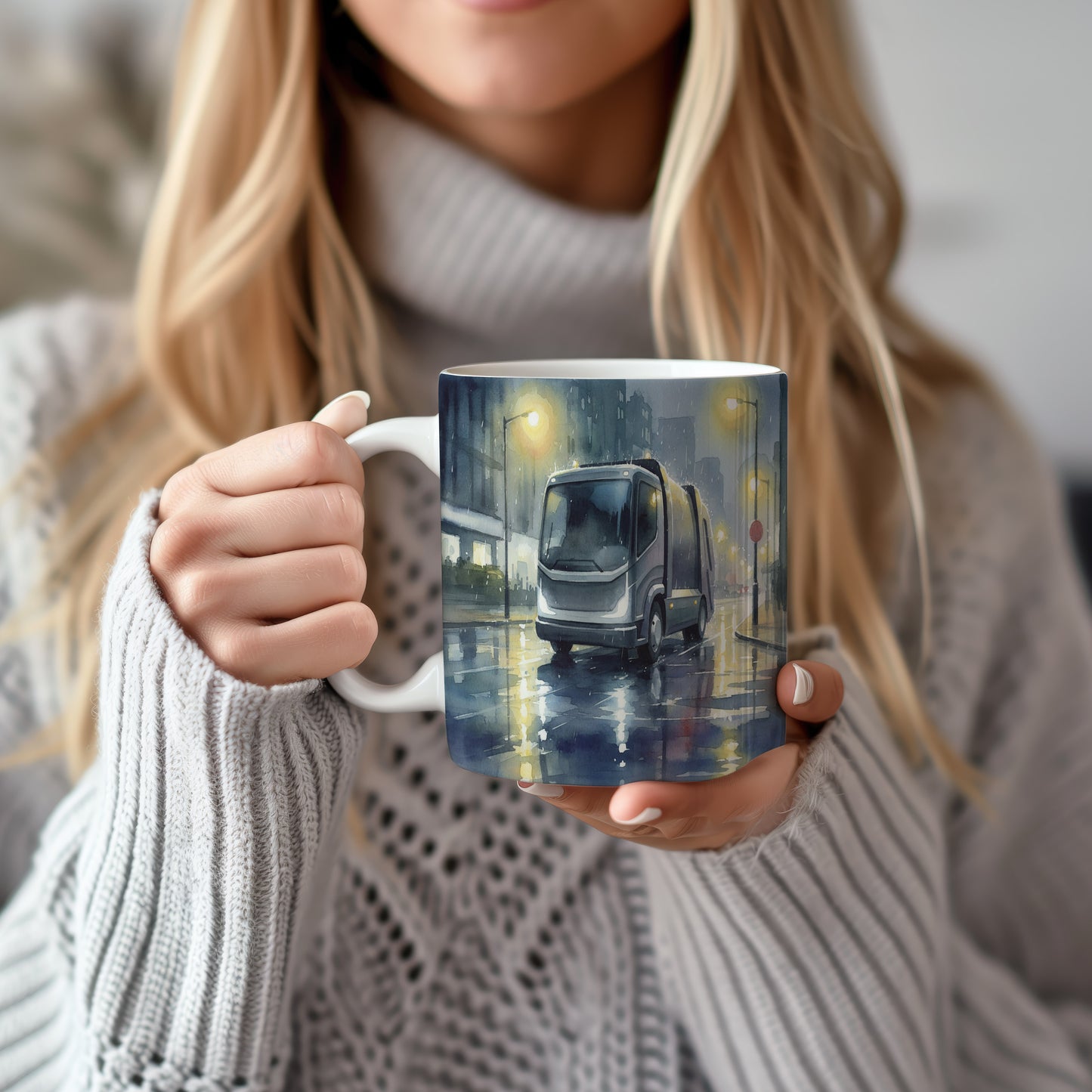 Hrnek s popelářským vozem v nočním městě