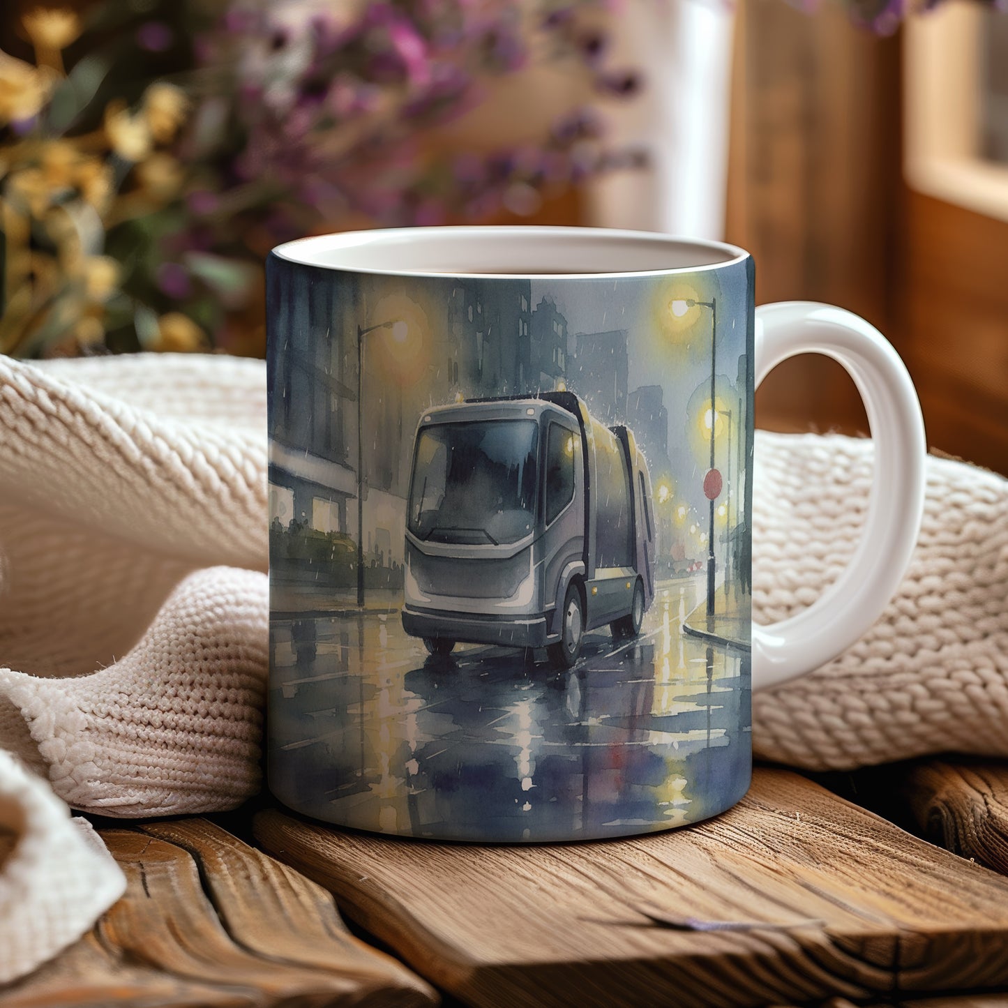 Hrnek s popelářským vozem v nočním městě