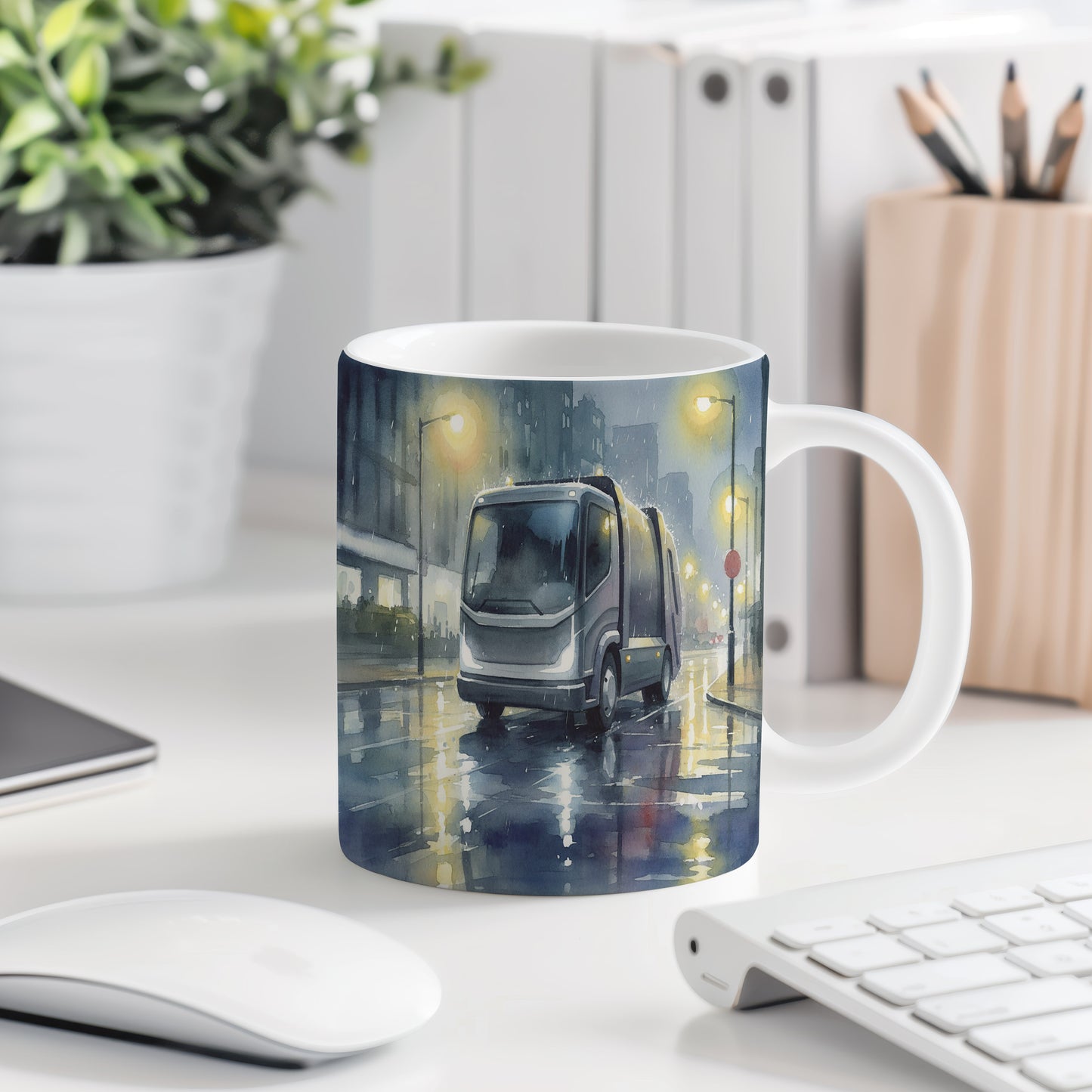 Hrnek s popelářským vozem v nočním městě