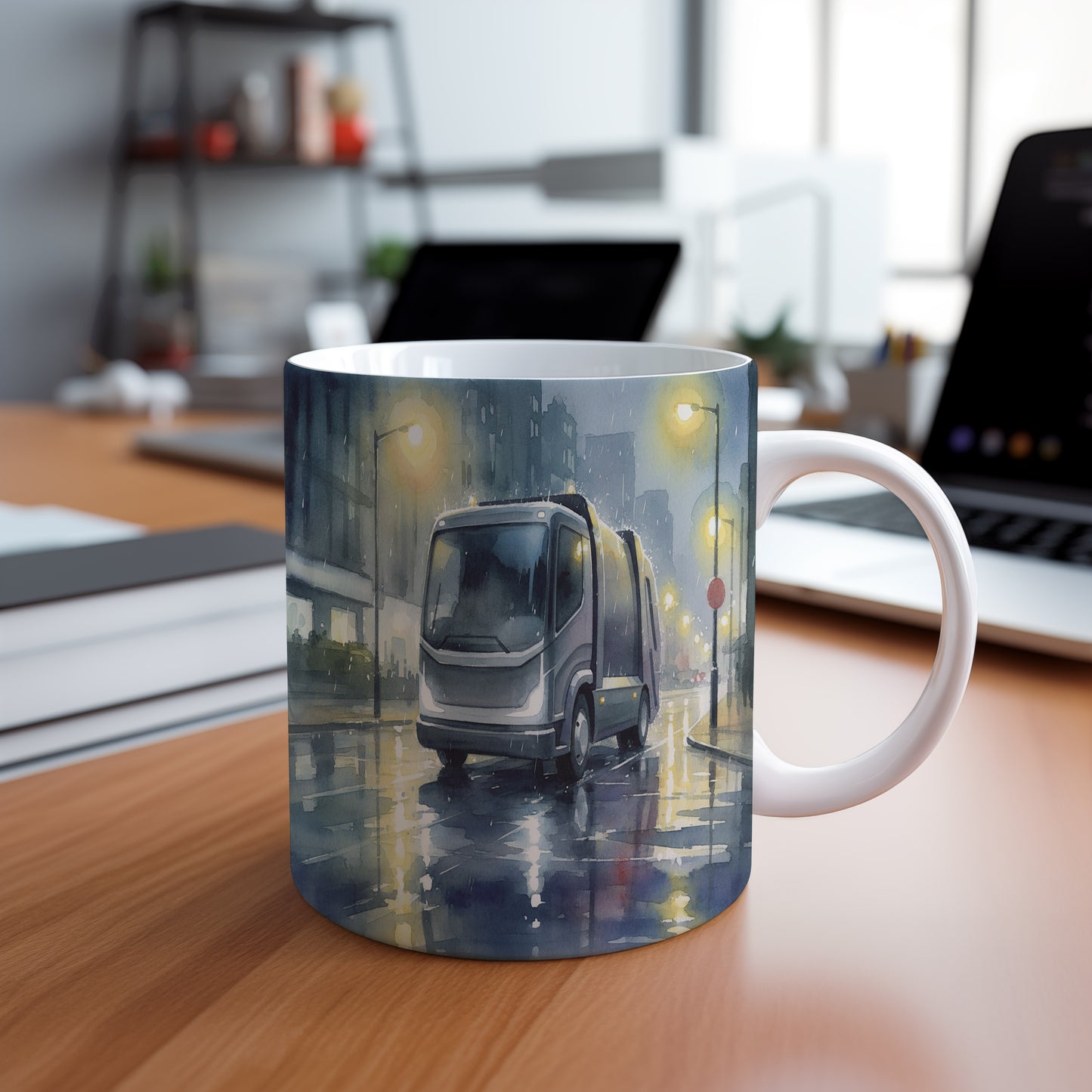 Hrnek s popelářským vozem v nočním městě