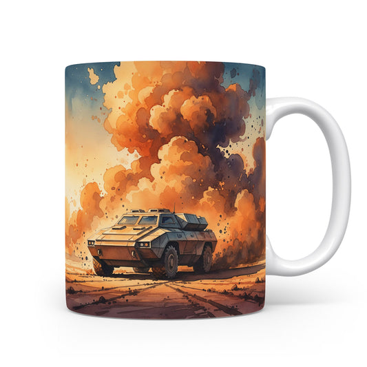 Obrněný vůz v oblacích prachu na hrnku