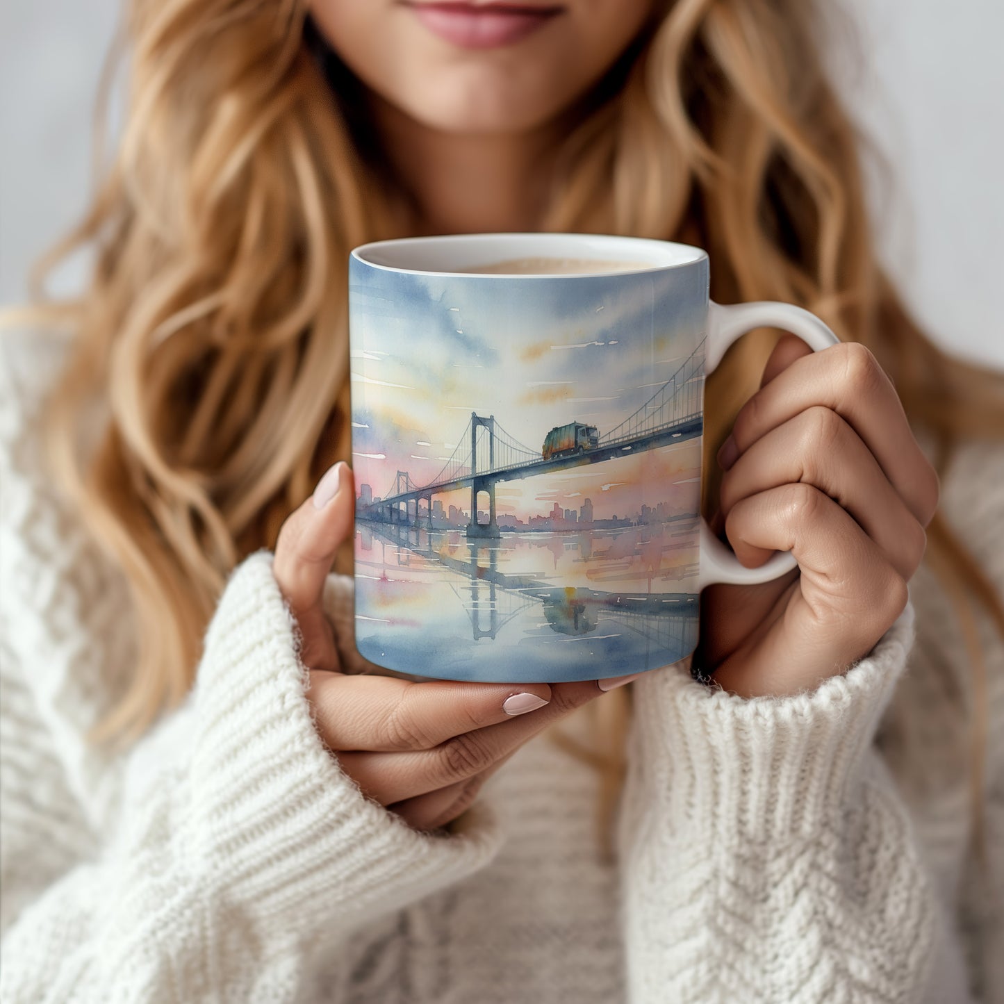 Hrnek s popelářským vozem na mostě