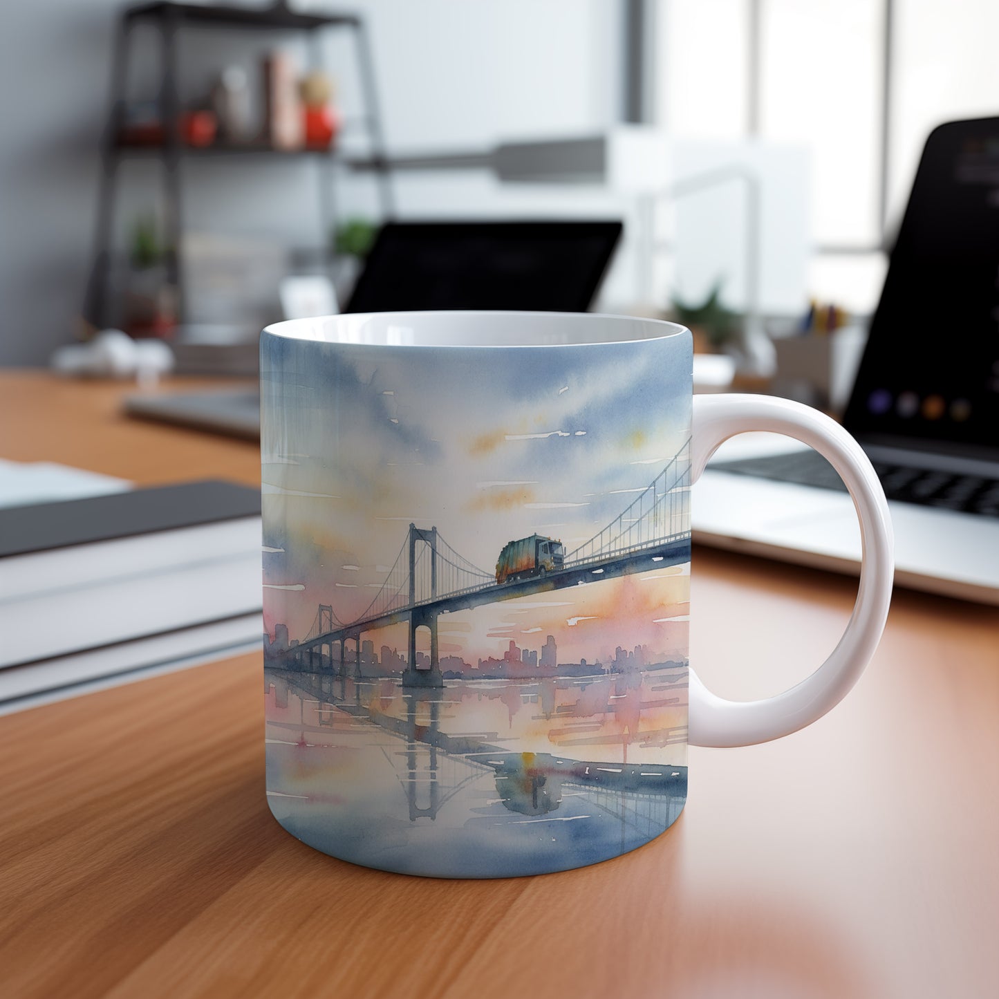 Hrnek s popelářským vozem na mostě