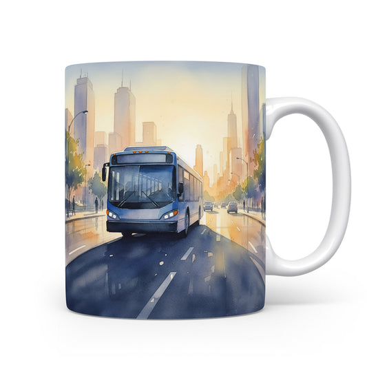 Akvarelový autobus ve městě na hrnku