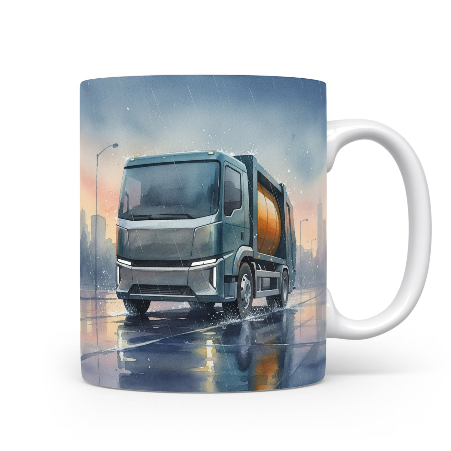 Hrnek s popelářským vozem v ranním dešti