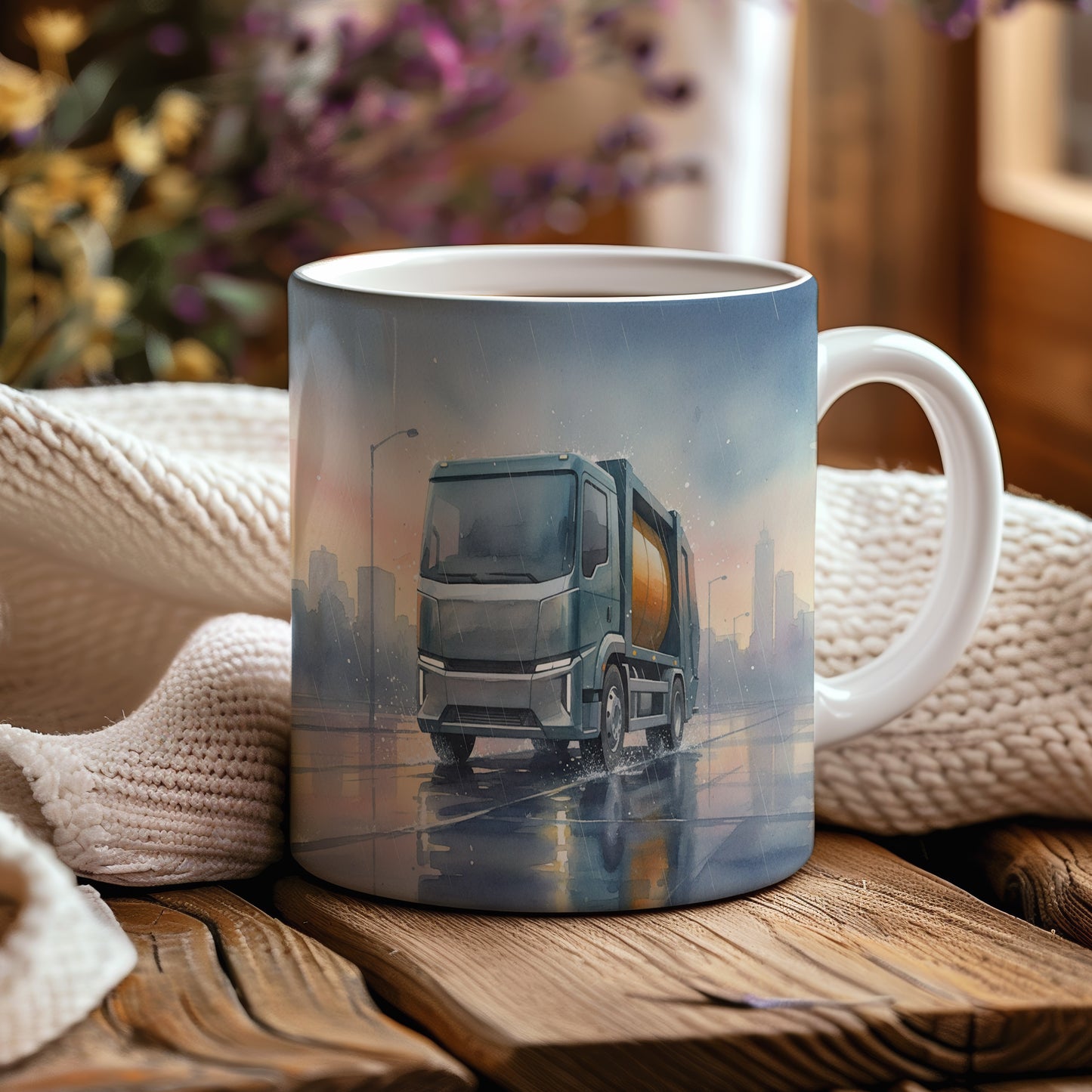 Hrnek s popelářským vozem v ranním dešti