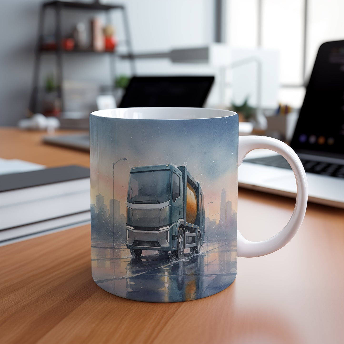 Hrnek s popelářským vozem v ranním dešti