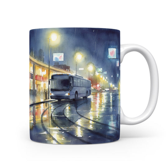 Hrnek s akvarelem nočního autobusu