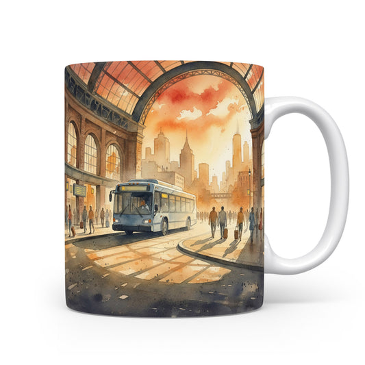 Hrnek s autobusem v ranním ruchu