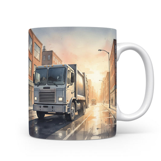 Popelářský vůz v akvarelu při západu slunce