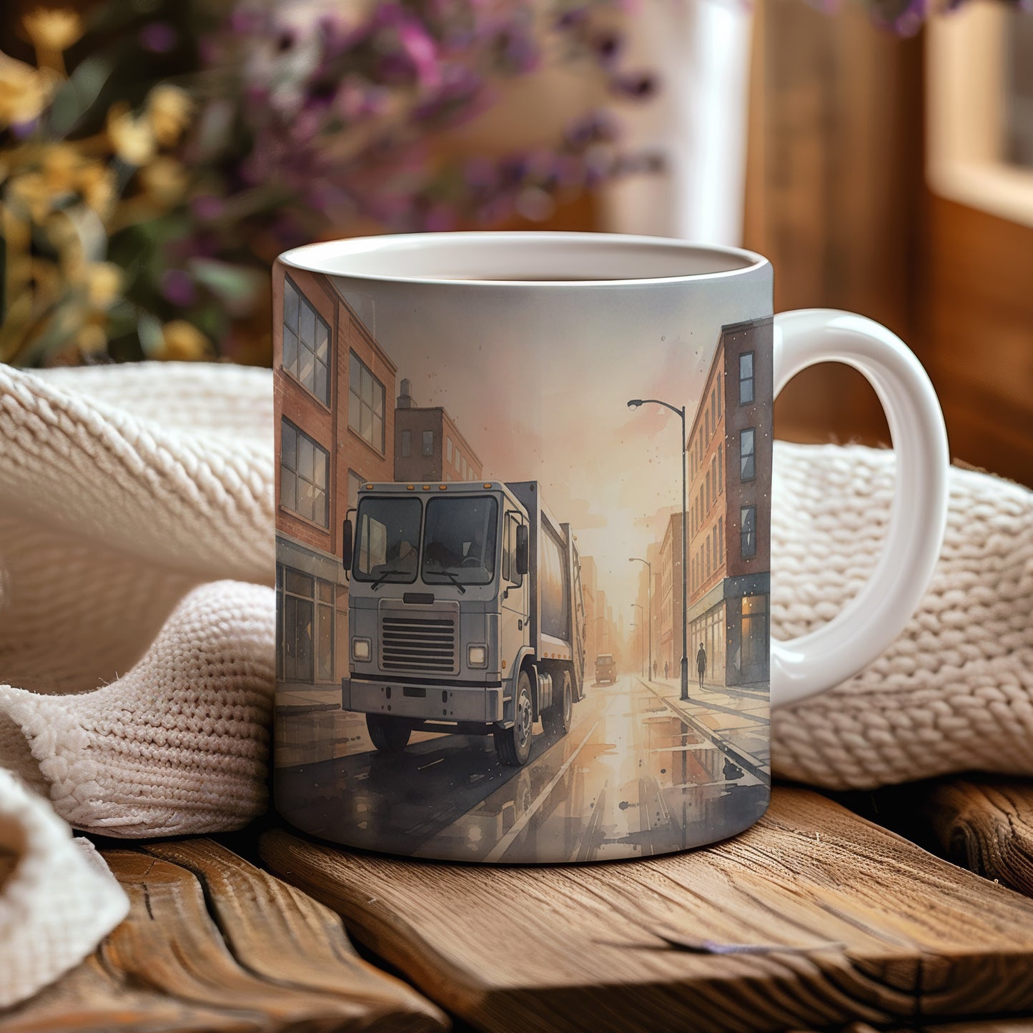 Hrnek s popelářským vozem při západu slunce