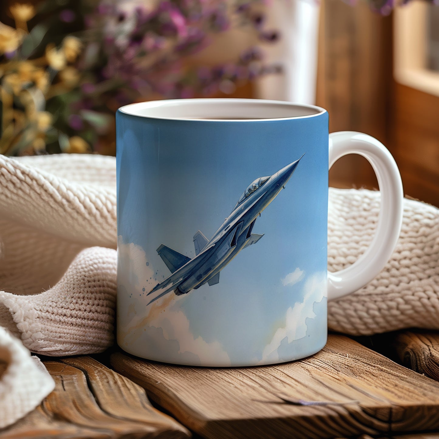 Hrnek s proudovým letounem na obloze