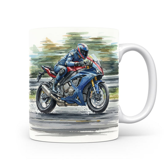 Akvarelový hrnek s motorkou na trati