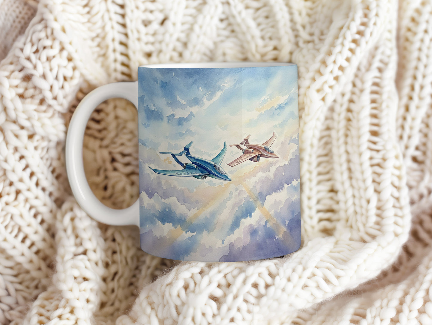 Hrnek s futuristickými letadly mezi oblaky