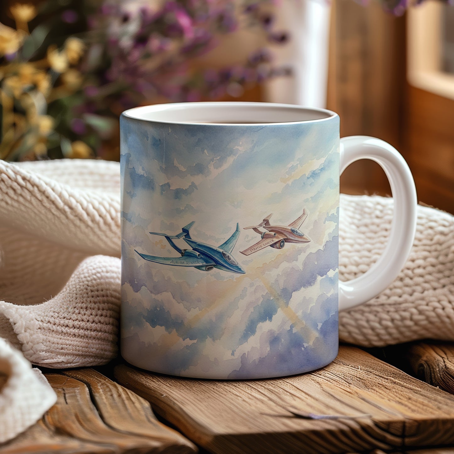 Hrnek s futuristickými letadly mezi oblaky