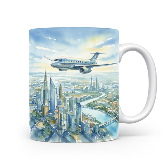 Letadlo nad městem na akvarelovém hrnku