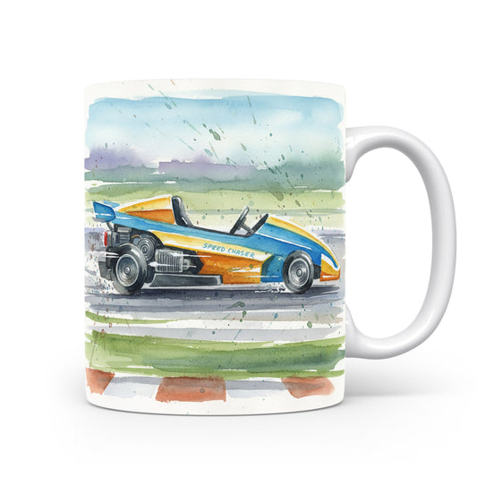 Hrnek s akvarelovou motokárou na dráze