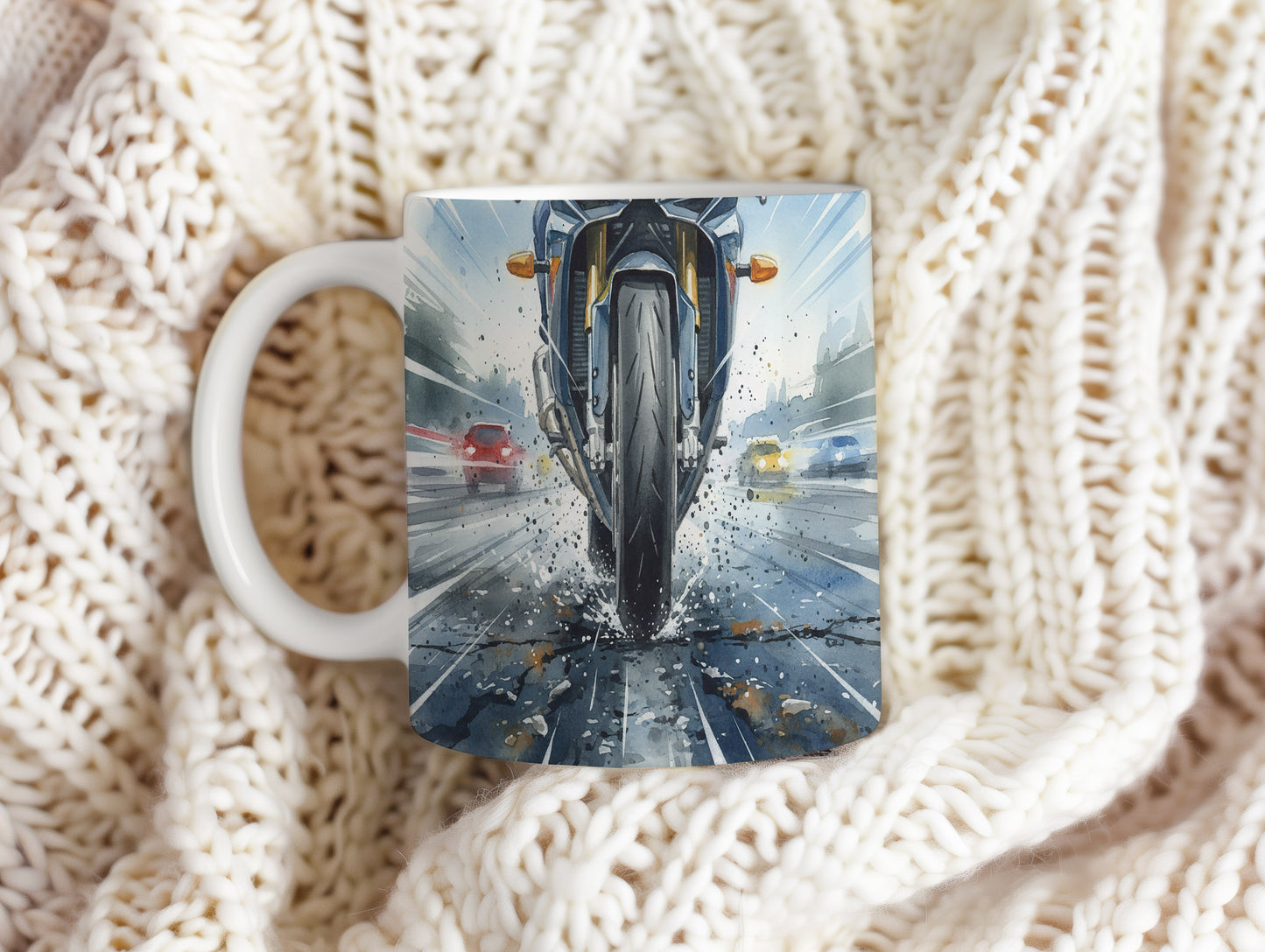 Hrnek s akvarelovou motorkou v lijáku