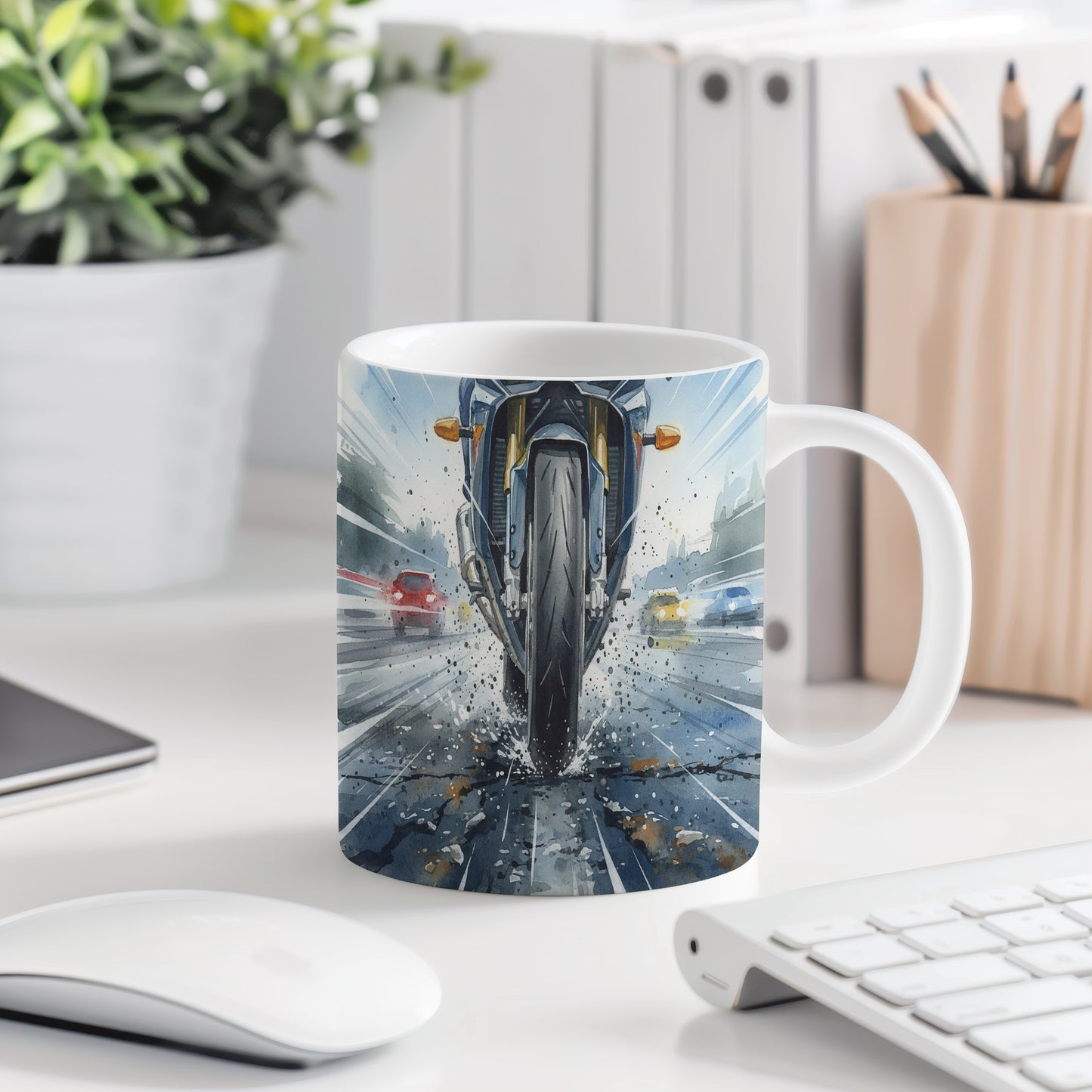 Hrnek s akvarelovou motorkou v lijáku